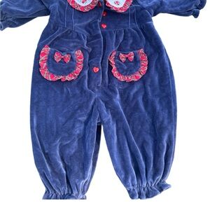 Vintage velour Blue and Red Baby Jumpsuit with Bow Accents